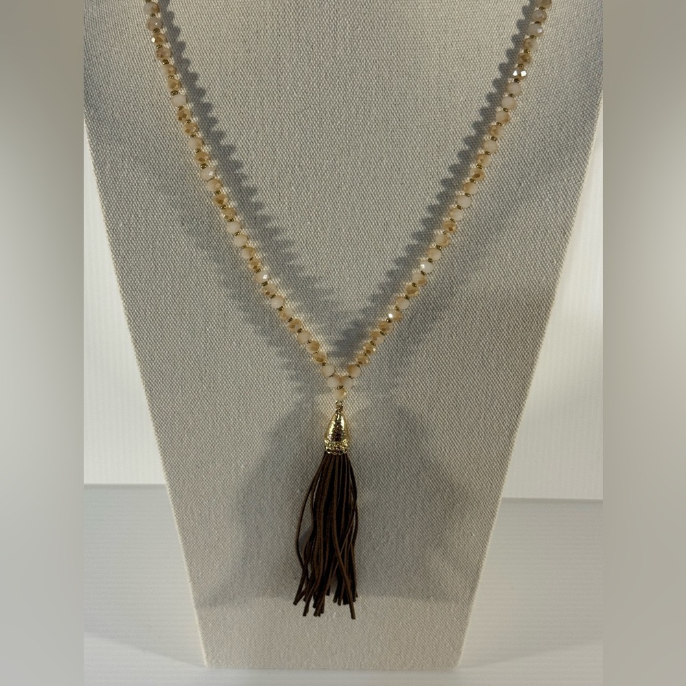 Altar’d State Cream & Gold Beaded Necklace Brown Suede Tassel Boho Layering